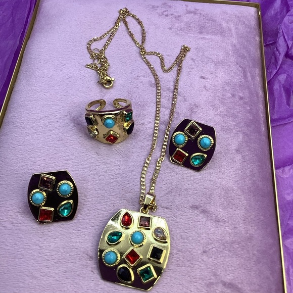 Etruscan Bold Gold Multicolor Gemstone Jewelry Set - Picture 3 of 5